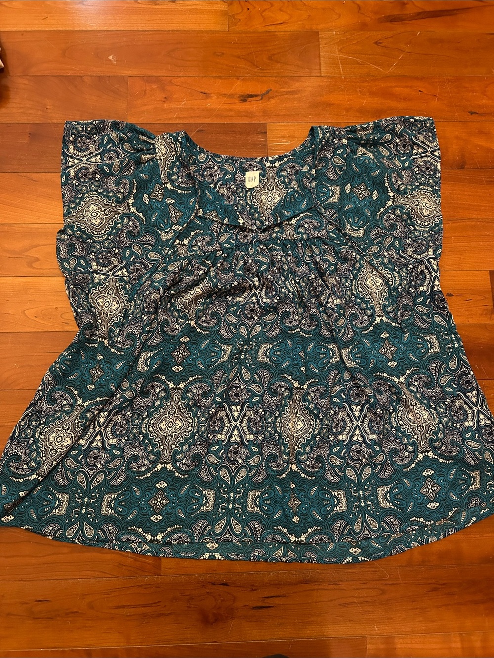 GAP Women's Teal Paisley Short-Sleeve Blouse